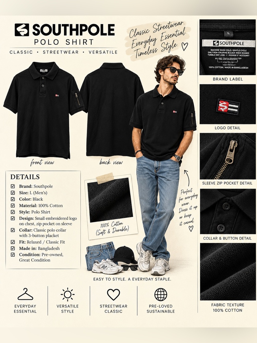 Southpole Black Men’s Polo Shirt with Sleeve Zip Pocket